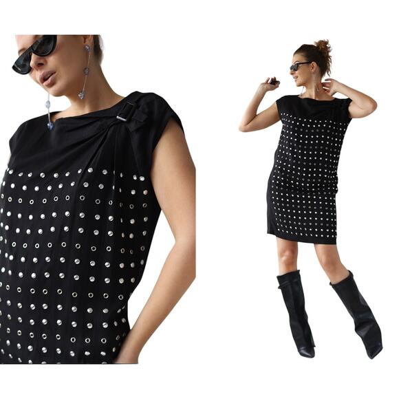 SEE BY CHLOE Jersey Black Dress Studded Abstract Design Cap Sleeves Shift 6 /42 - Picture 1 of 11
